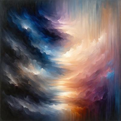 The primary subject of the image is a painting featuring a blue and orange sky. The setting is a cloudy sky, and the visual style is a painting. The dominant colors are blue and orange, creating a vibrant and dynamic atmosphere.